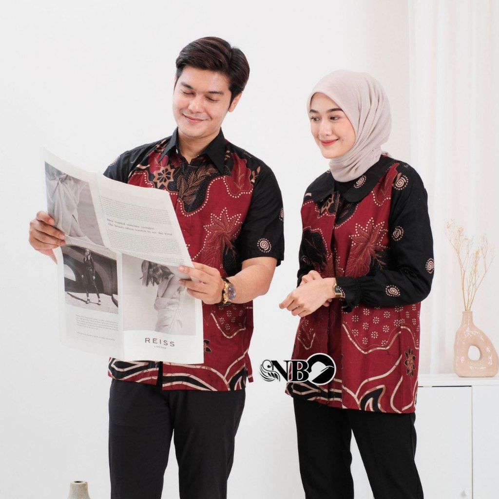 Baju batik couple atasan blouse wanita modern dan kemeja pria lengan pendek untuk acara pesta seragam kerja kantor