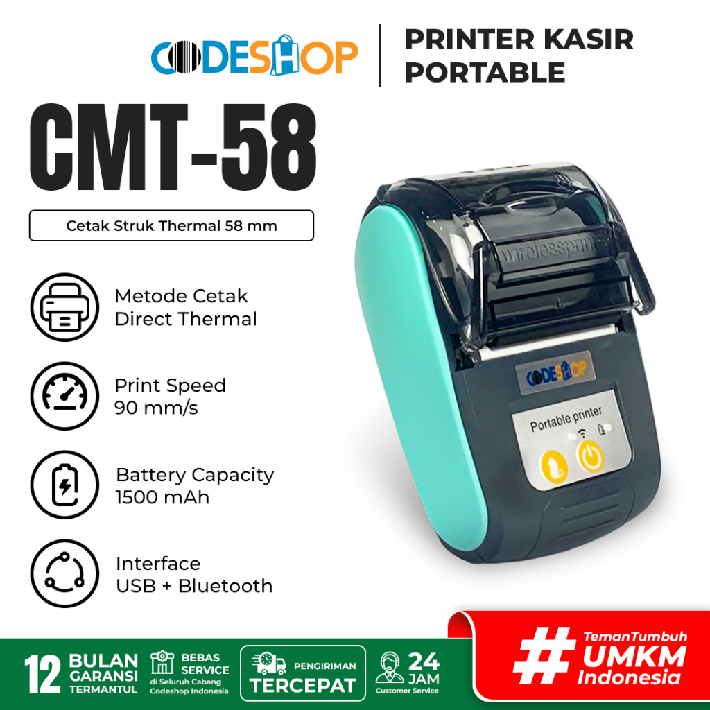PRINTER BLUETOOTH CODESHOP CMT-58 Cetak Struk Kasir PPOB Thermal 58mm - Biru
