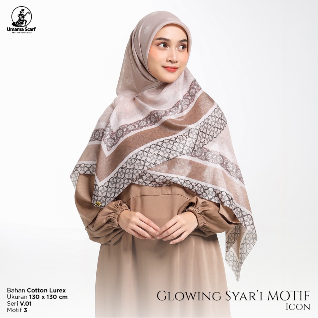 Kerudung Segiempat Motif umama Glowing Print Metal logo Lasercut PASAR HIJAB