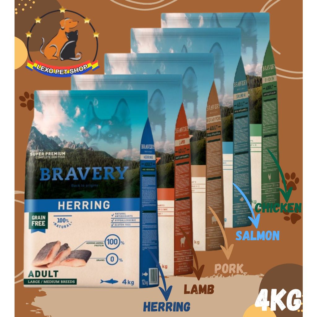 BRAVERY MEDIUM LARGE ADULT 4Kg - Dog Food Makanan Anjing Rasa Chicken Salmon Lamb Iberian Pork Herri