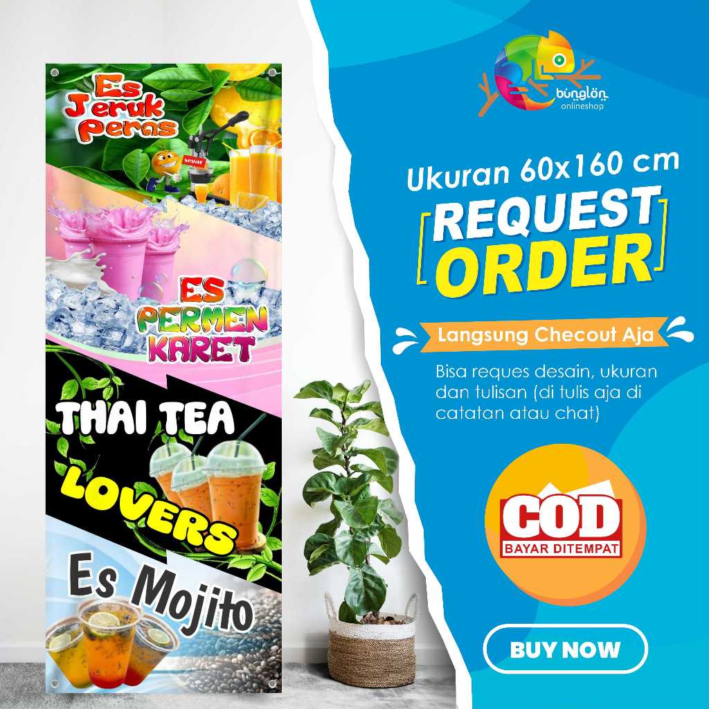 Spanduk Banner 60x160 Es Jeruk, Es Permen Karet, Thai Tea, Es Mojito Custom Desain