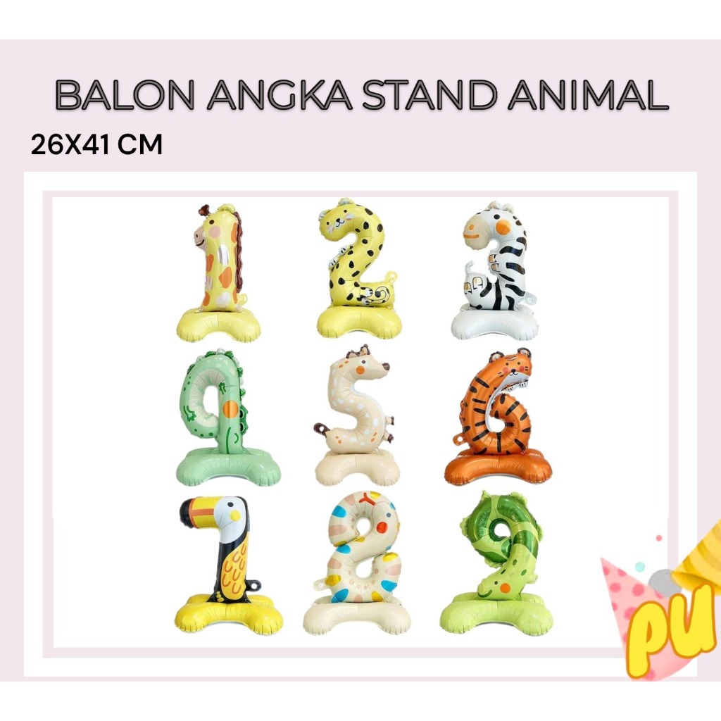 Balon ANGKA STAND ANIMAL / Balon Foil Angka Berdiri
