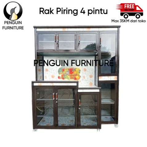 LEMARI DAPUR RAK PIRING ALUMINIUM KACA KERAMIK 4 PINTU JUMBO KAKI RODA/rak piring 4 pintu/rak piring