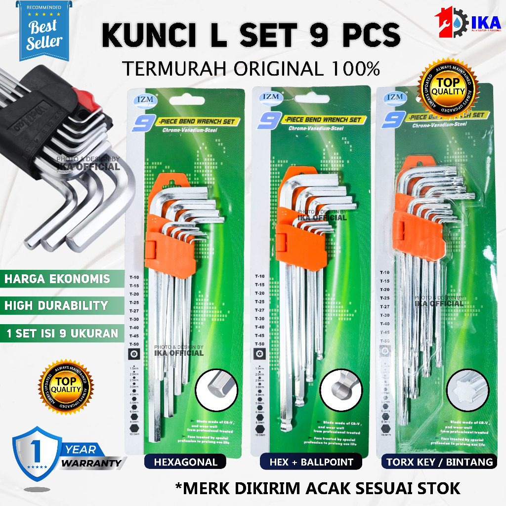 HDT Kunci L Panjang + L Bintang Kombinasi 9 Pcs Hexagonal + Star Key Tamper Lubang / HDT Kunci L Lon