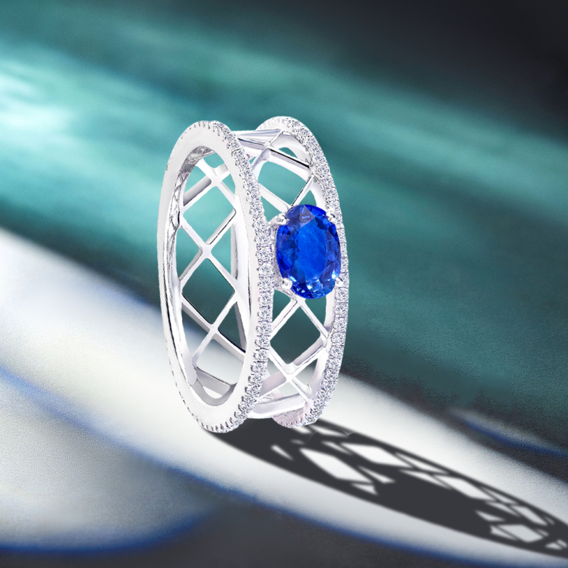 Evangeline Ring- Solitaire Cornflower Blue Sapphire with Diamonds Ring