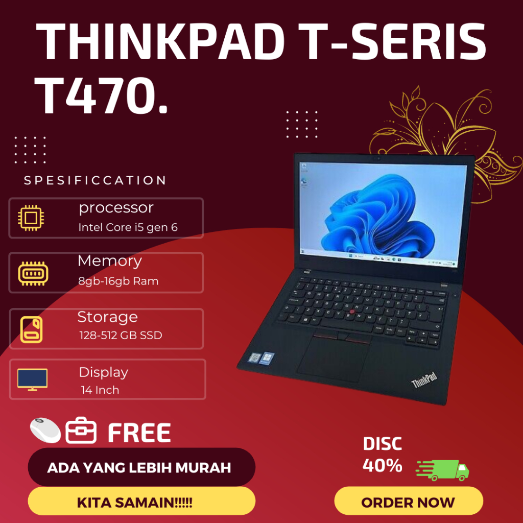 Laptop Lenovo Thinkpad Intel Core i5 T410/T420/T430/T440/T450/T460/T470 Ram 8 Ssd 256 Bergaransi