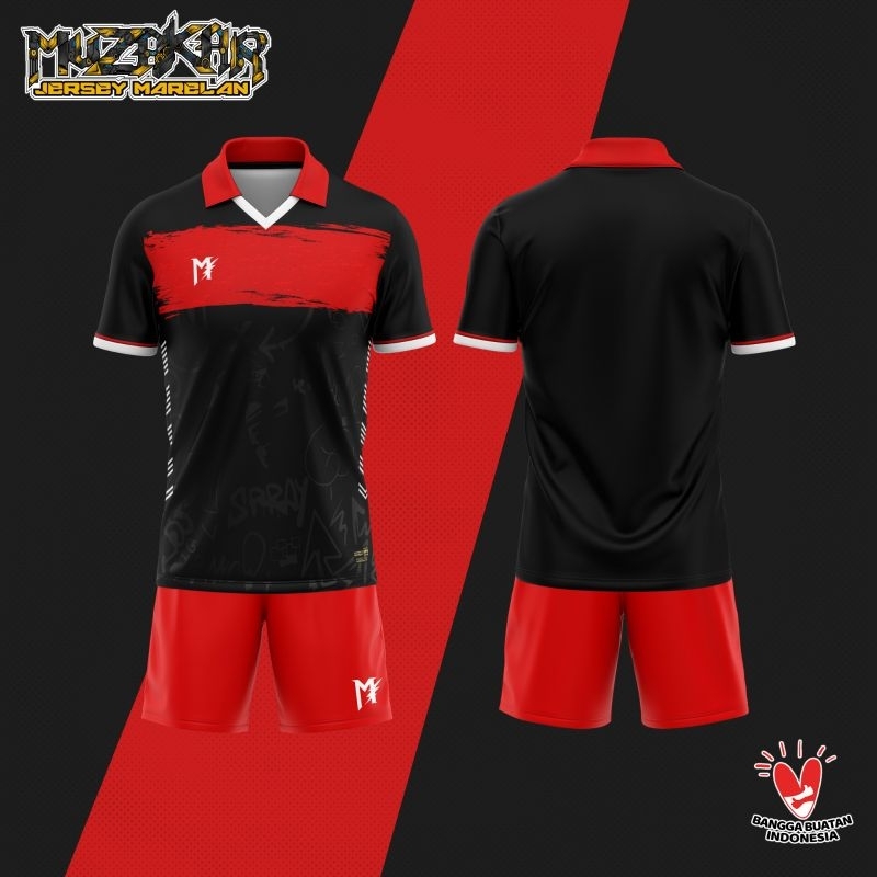 MUZAKAR Baju Futsal Setelan Stelan Jersey Bola Berkerah Hitam Merah, Bisa Sablon