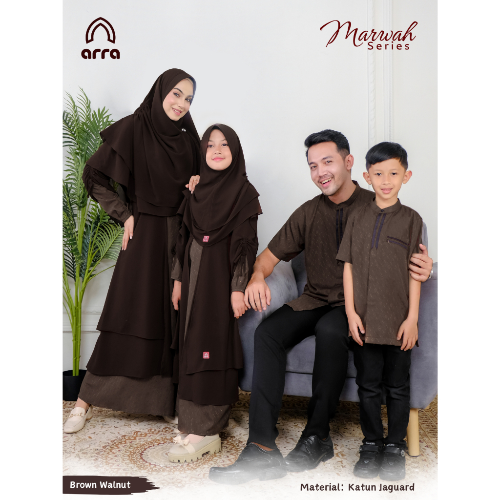 Sarimbit Baju Koko Gamis Couple Cauple Keluarga ARRA Series MARWAH Warna Coklat Cokelat Tua Brown Wa