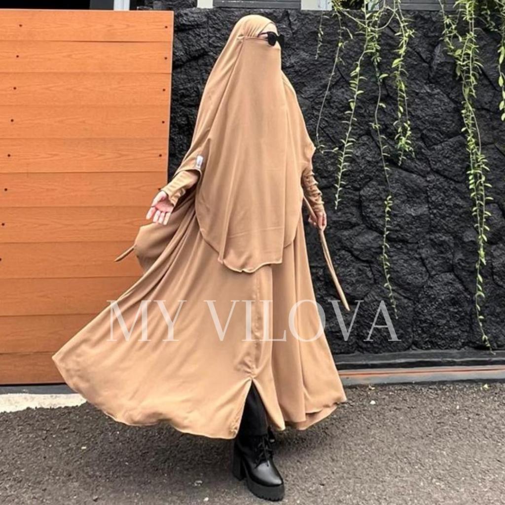 MY VILOVA Khala Abaya Syari + French Khimar Cadar Baju Muslim Kekinian Abaya Jumbo LD 130 Abaya Syari Lebaran Umroh Bahan Crinkle Airflow