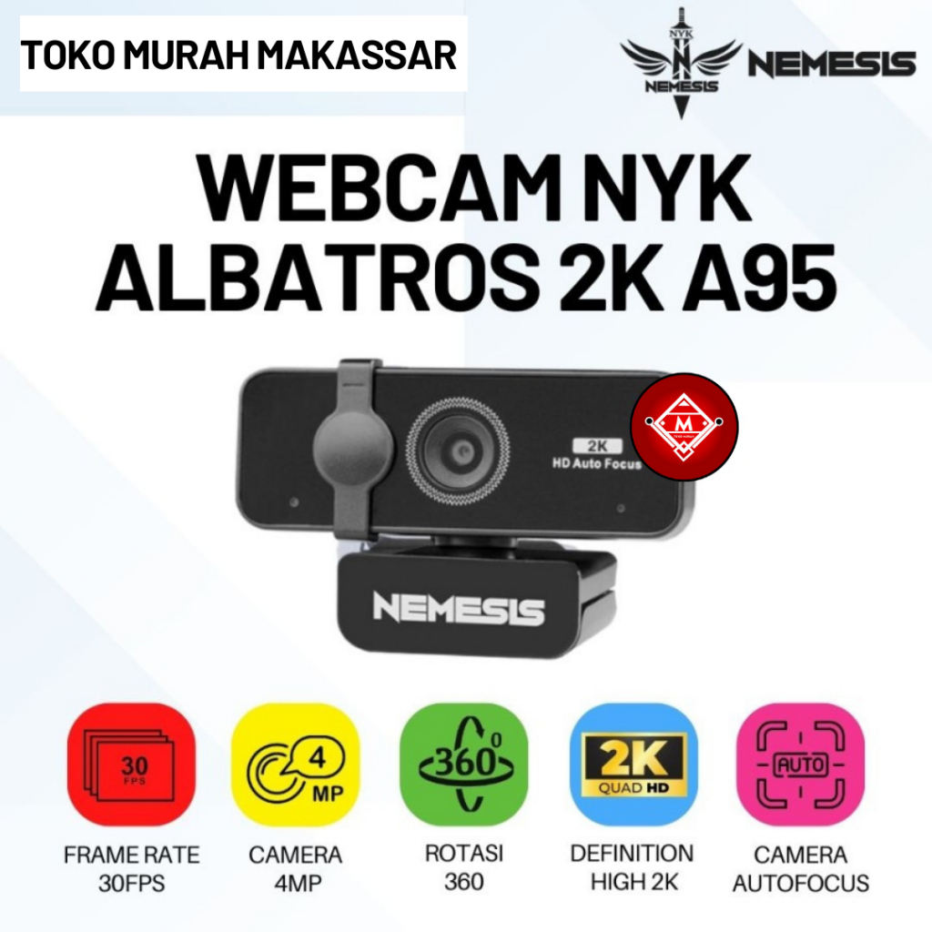 Webcam NYK A95 ALBATROS 2K Hitam - Rotasi 360° Plug & Play