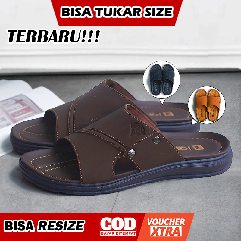 Sandal Selop Cowok Sandal Slop Kulit Pria Model Slide - Sendal Selop Bahan Kulit Berkualitas Anti Li
