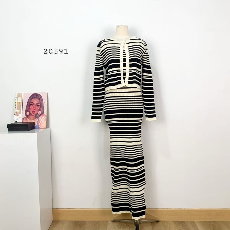 20591 Long Dress Wanita 2IN1 Motif Salur Garis Garis Cardigan Inner Premium/Dress Rajut Bodycon 2IN1