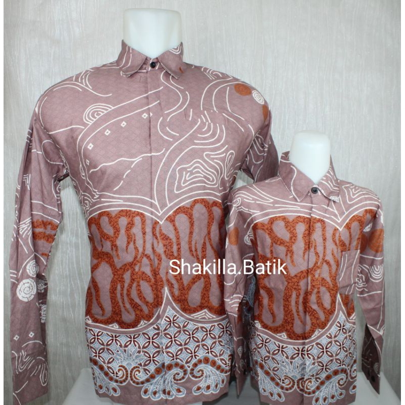 Kemeja Batik Pasangan Ayah Anak Lengan Panjang Pendek Katun Premium warna Salem