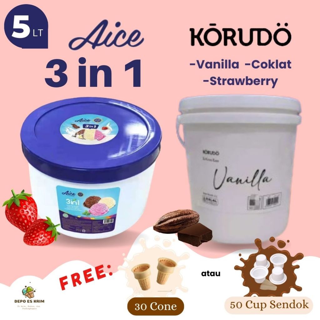 Es Krim AICE Korudo Bucket 5 liter 3 in 1 Neapolitan Vanilla Coklat Strawberry Gratis Cone / Cup Ready Stock