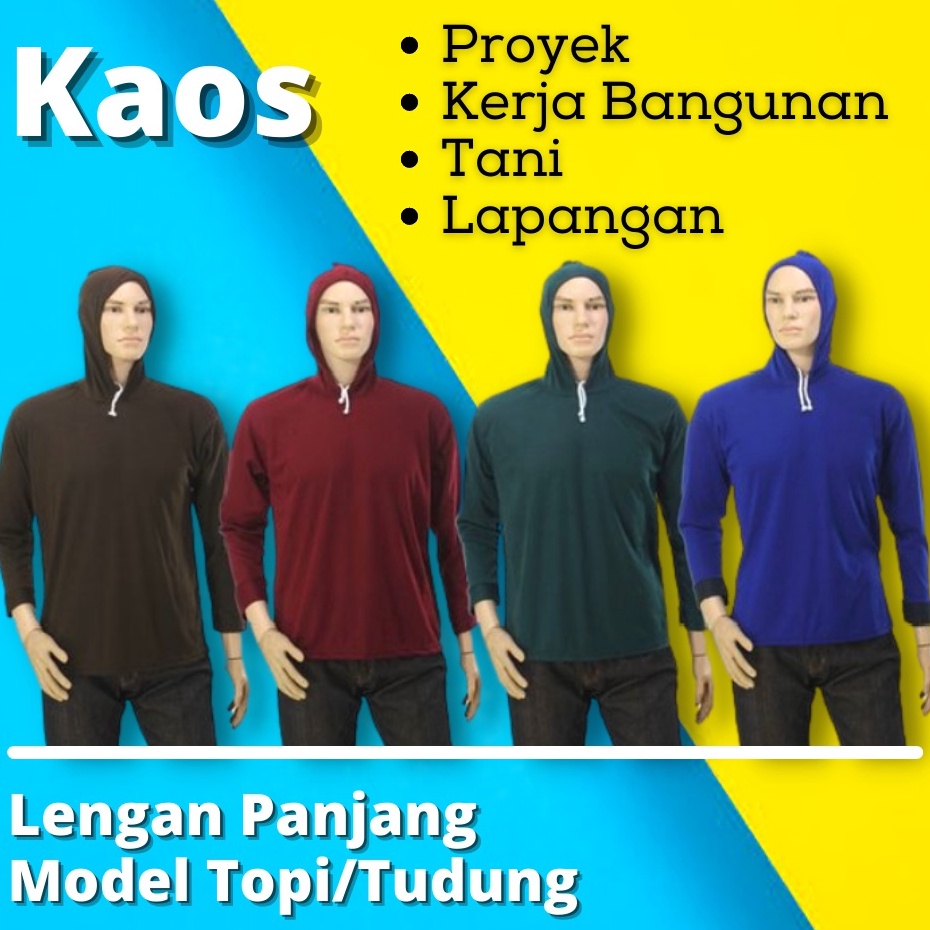 Grosiran Kaos Pria Lengan Panjang Model Topi Bertudung Kerja Bangunan Kuli Basahan Harian Proyek Lap