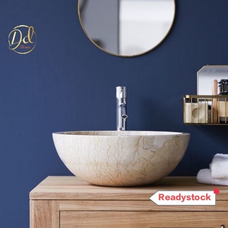 Wastafel Marmer Bowl Bulat Diameter 35| Bathroom minimalis | Kamar Mandi set | Wash Basin Estetik | 