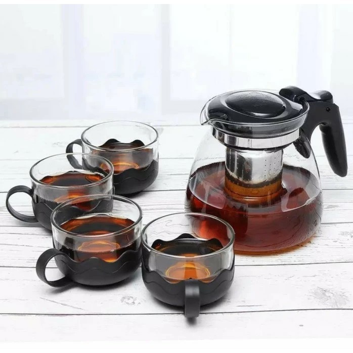 PROMO  Teko Gelas Tea Pot Set 5 in 1 Tempat Kopi Minum Teh Teko Set Cangkir Kaca Teapot