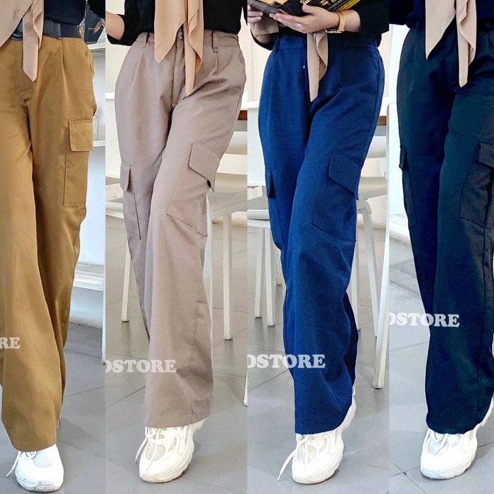 STAR Celana Cargo Wanita Highwaist Kulot Pants Bahan Katun Drill