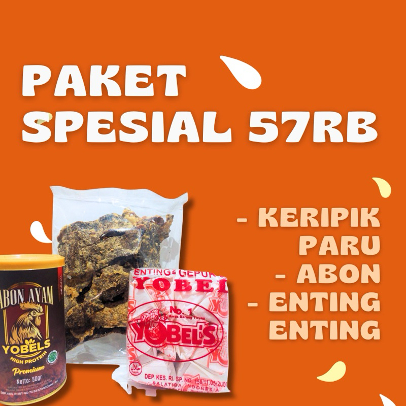

Paket Spesial Keripik Paru 100gram / Abon Ayam 50gram / Enting Enting