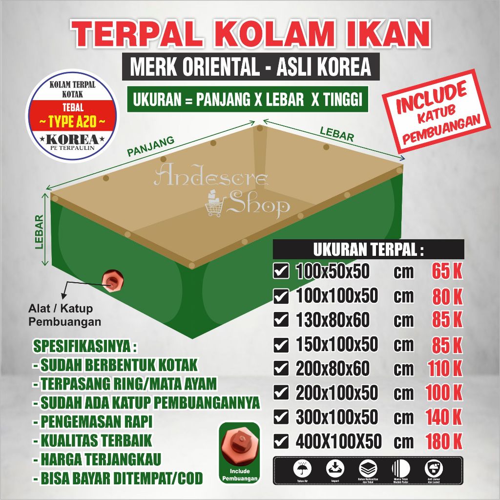 Kolam Terpal Ikan TAMBAK Type/Ketebalan A20 ( PLUS LUBANG PEMBUANGAN ) ASLI Korea Terpal Kolam Ikan 