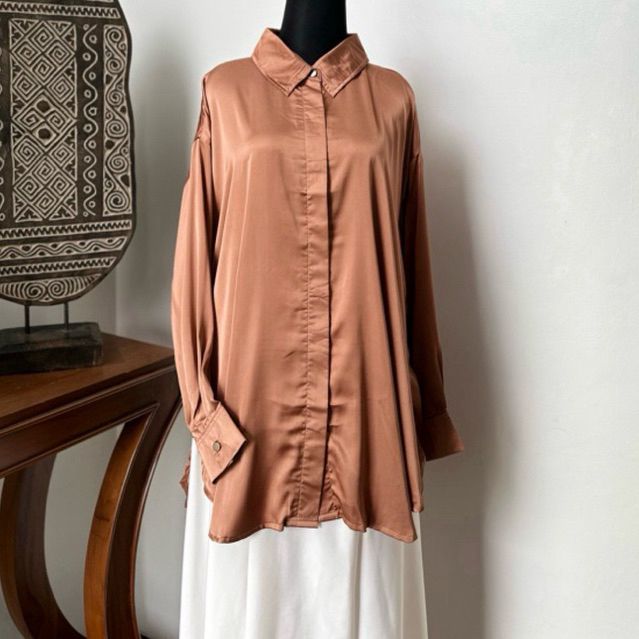 Baju Kemeja Wanita Oversized Silk - Rose Brown