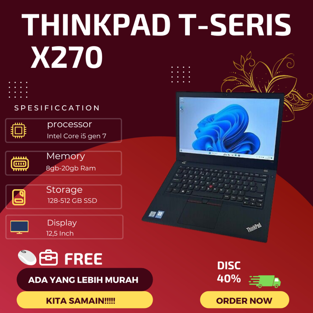 Laptop Lenovo Thinkpad X270 Core i3/i5/i7/ Gen 6/7 Ram 8 Ssd 256 Mulus/Murah Kualitas Build UP