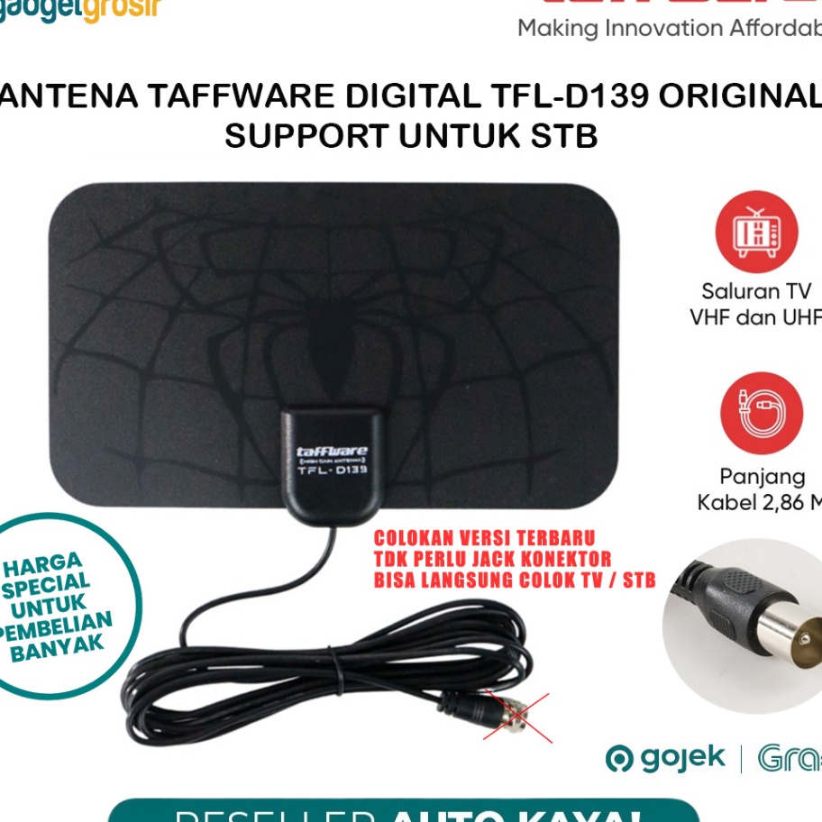 Ongkir Antena TV Digital Taffware TFL D139 Booster Original STB High Gain 25dB Indoor Kabel 3 Meter VHF UHF Channel Support Set Top Box Universal