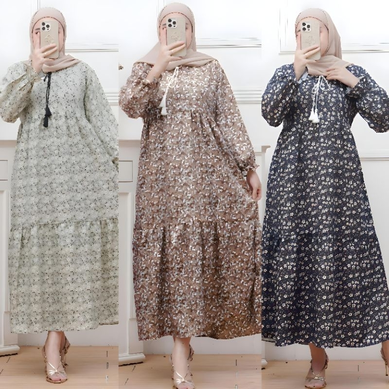 Midi Dress shakila Motif Bunga Premium Dress Busui Friendly Adem Daster Panjang Gamis Wanita Simple