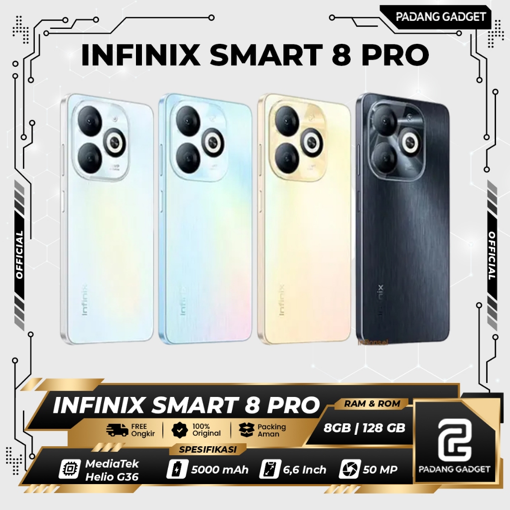 Infinix SMART 8 Pro Ram 8+8/128 GB Ram Extended Original Smartphone Handphone Android BNIB Garansi Resmi Infinix 1 Tahun