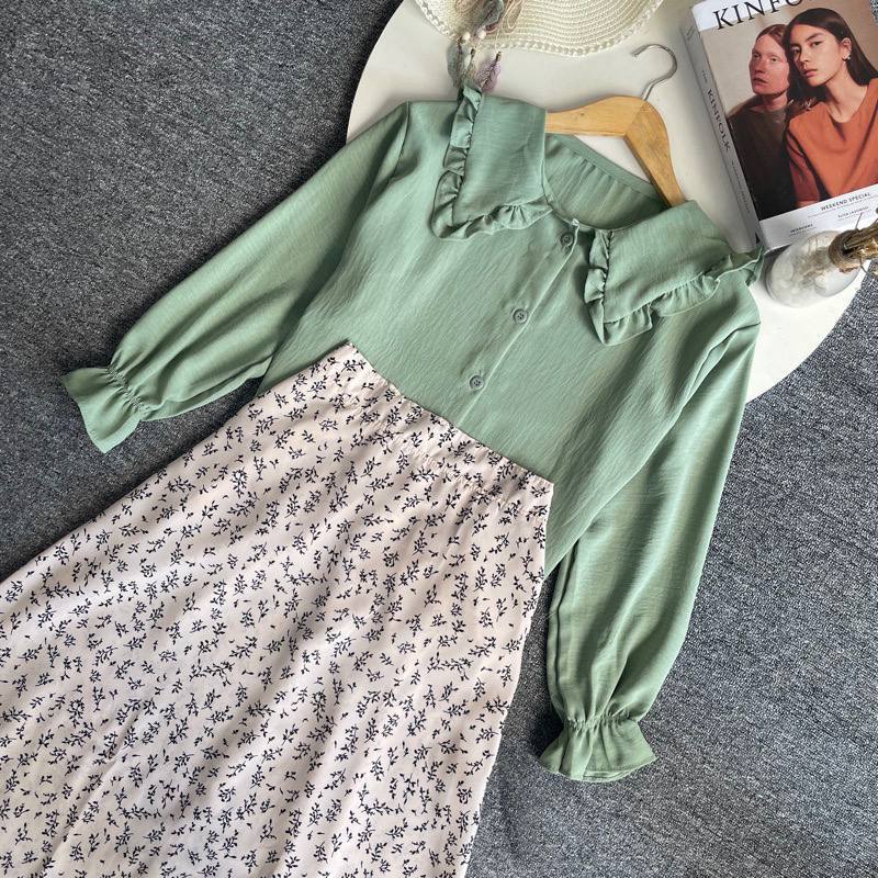 atasan / blouse hijau sage dan rok set