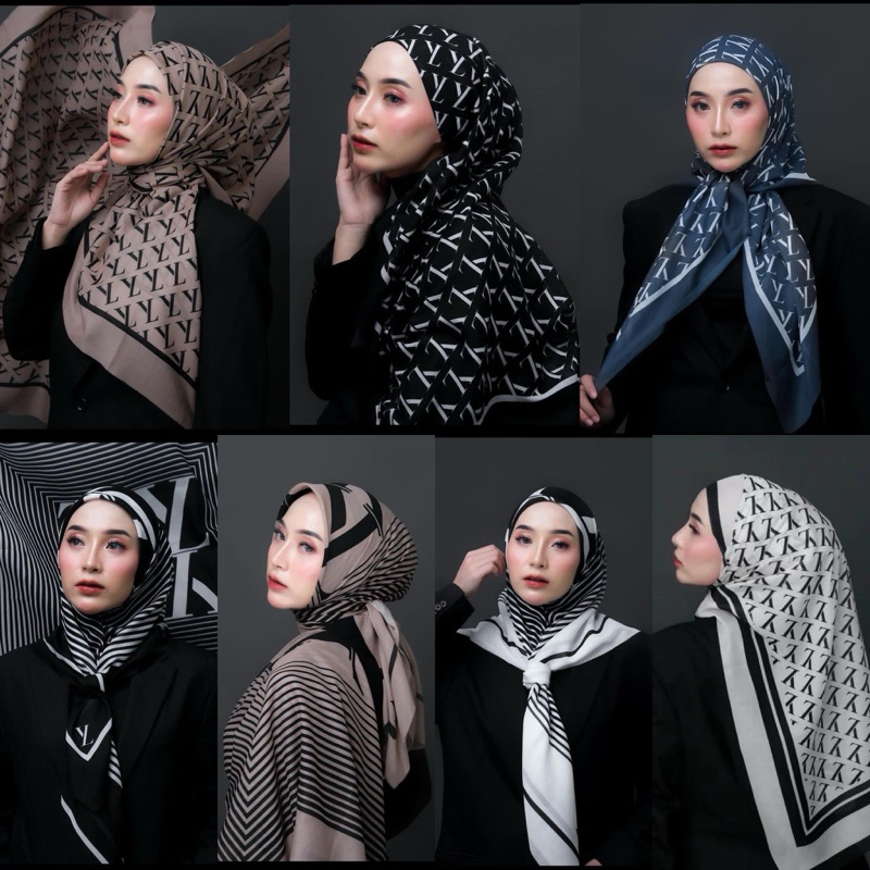 (Pakai POUCH) Hijab Segiempat Monogram LY Lily Jilbab Voal Branded LY Bahan Voal Lasercut