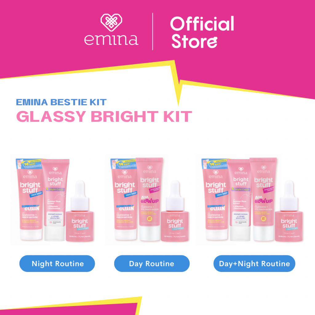 GLASSY BRIGHT KIT EMINA BRIGHT STUFF (Face Wash, Serum, Moisturizing Cream, Night Cream) Paket Lengk