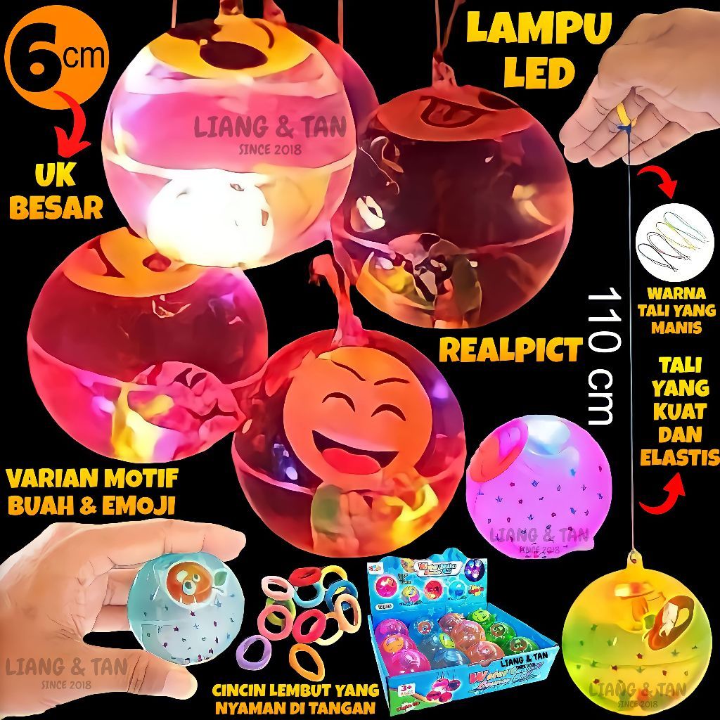 ROMO UKURAN BESAR Mainan Anak Bola Bekel Beklen Glitter Ball Water LED + Cincin Dan Tali Motif Buah 