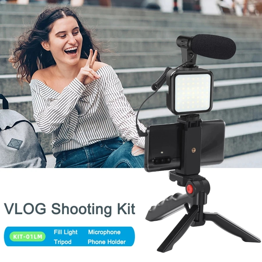 TRIPOD VIDEO SHOOTING VLOG TRIPOD KIT 3 IN 1 MICROPHONE FILL LIGHT FLEXIBLE TRIPOD