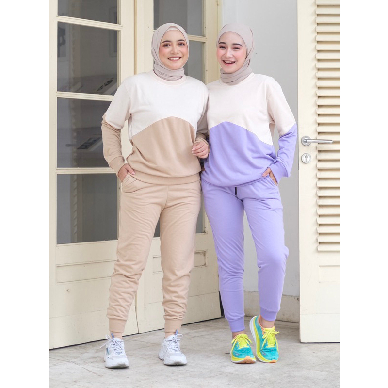 Setelan Olahraga Wanita - V Series One Set Sporty Sweater Celana Ungu Krem Pink - Pakaian Baju Senam