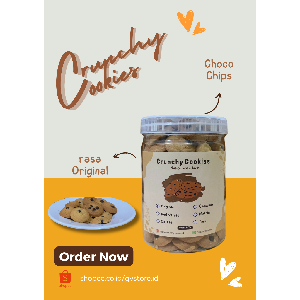 

Crunchy Cookies | Kue Kering Homemade | Choco Chip Cookies | Cookies Rasa Cokelat, Matcha, Original Red Velvet, Taro, Coffee- Kue Kering Kemasan Jar