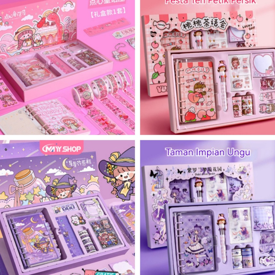 

KODE 77 Paket Jurnal SetGift Box Hampers anakHadiah Notebook Journal Diary 6 in 1 Boba Alat Buku Tulis Lengkap Scrapbook Cute Girl Sanrio Cinnamoroll My Melody Kuromi Panda Peach Kelinci Duffy Cat Sweetheart Cake Shop Import Grosir Ready COD