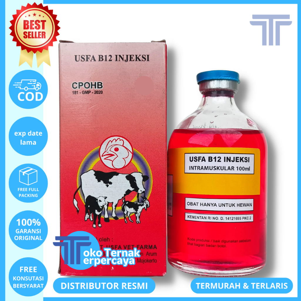 USFA B12 INJEKSI 100 ML - Vitamin B12 Injeksi Hewan - Vitamin Ayam Nafsu Makan & Mengatasi Anemia Pa