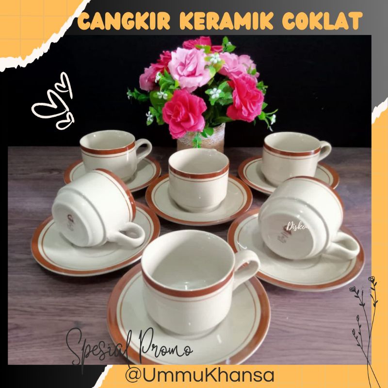 CANGKIR KERAMIK/GELAS KERAMIK SET 6 PCS +TATAKAN MERK LUCKY/ gelas kopi/gelas teh