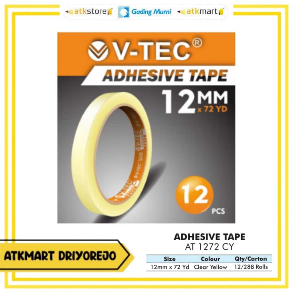 

V-TEC ADHESIVE TAPE TYPE AT 1272 CY UK. 12 MM X 72 YARD CLEAR YELLOW - ISOLASI BENING