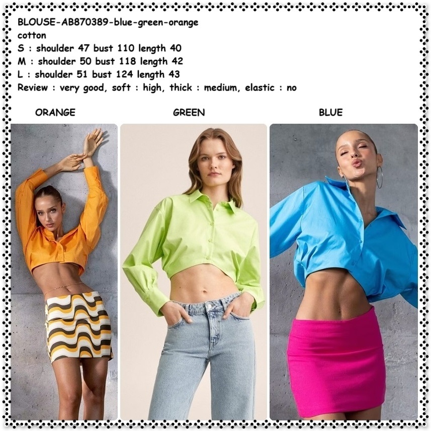 AB870389 Baju Atasan Kemeja Crop Lengan Panjang Wanita Korea Import Green Orange Blue Biru Hijau Neon