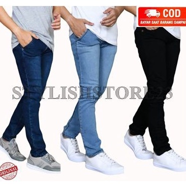 Kirim sekarang celana jeans pensil hitam giordano pria cowok Skinny Slimfit biru muda biru dongker a