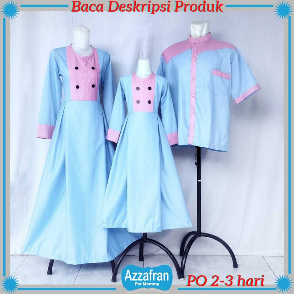 Gamis Rania Couple Biru Muda | Baju Katun Anak Perempuan & Dewasa | Seragam Lebaran Toyobo Terbaru