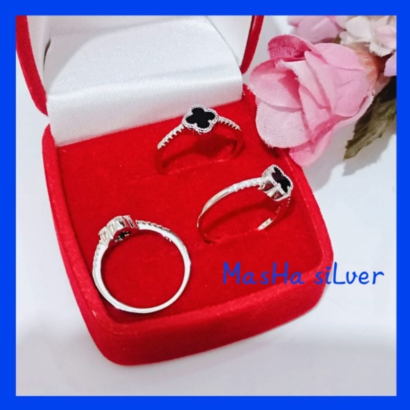 CINCIN PERAK CLOVER ASLI SILVER 925 LAPIS MAS PUTIH_RING FASHION VC MATA HITAM