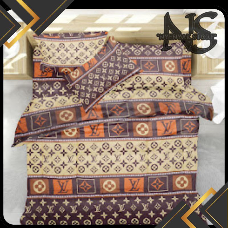 bedcover set motif LV berwarna coklat& cream bahan lembut dan nyaman dipakai
