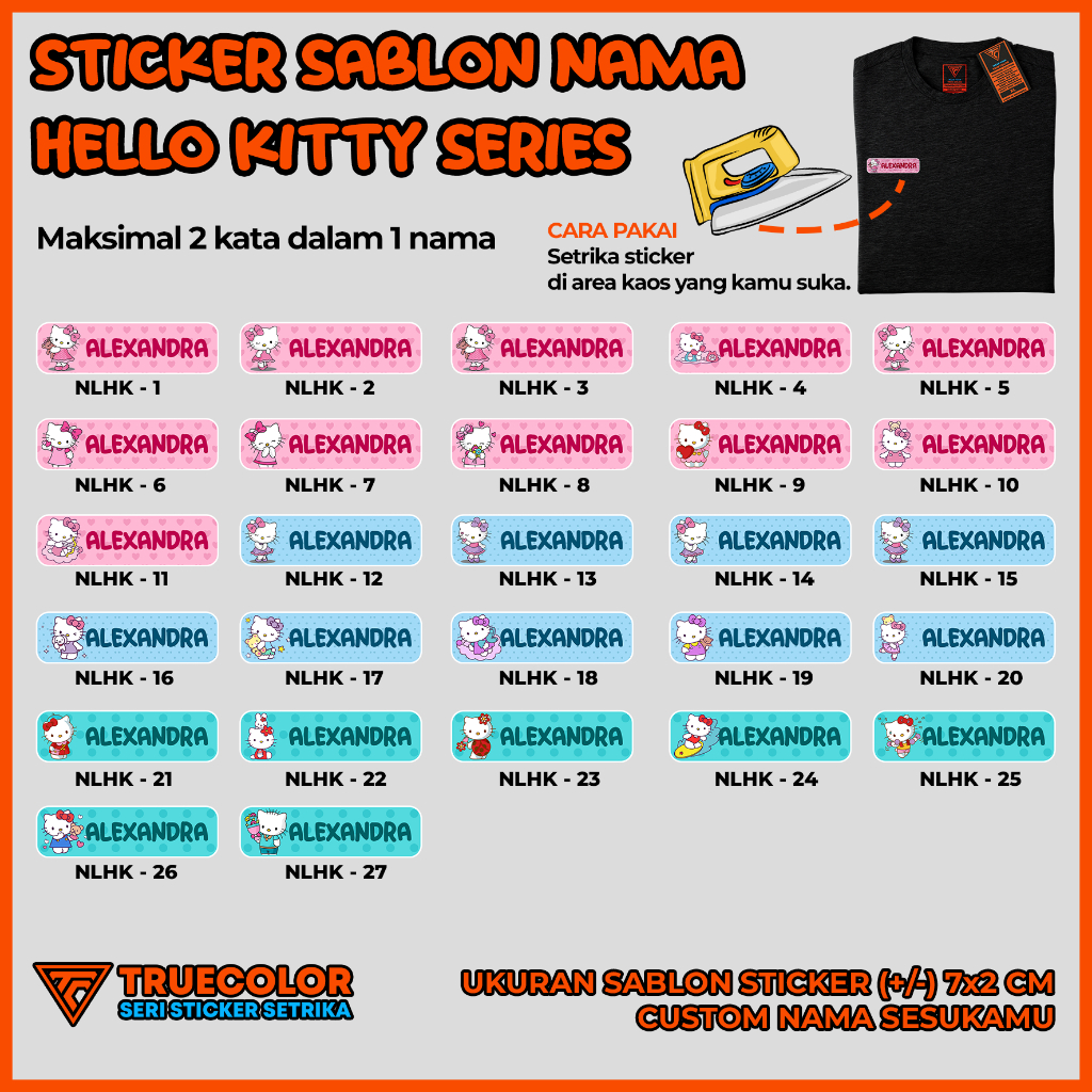 

TRUECOLOR 25pcs Sticker Kain Label Nama Kaos, Sablon Setrika Custom Tulisan – HELLO KITTY Series