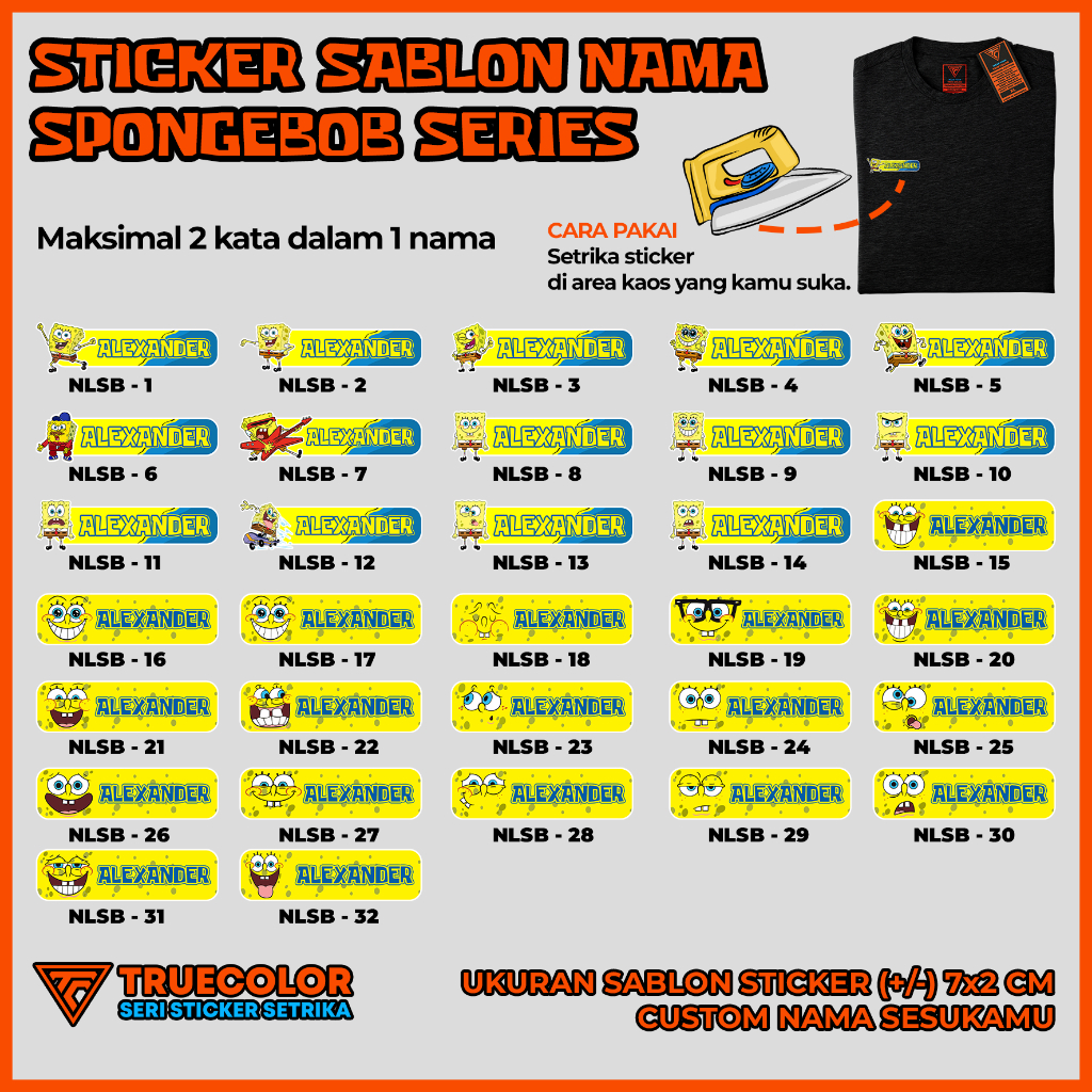 

TRUECOLOR 25pcs Sticker Kain Label Nama Kaos, Sablon Setrika Custom Tulisan – SPONGEBOB Series