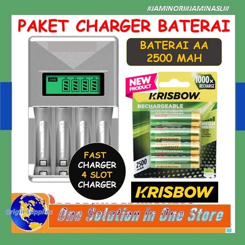 NEW Paket Krisbow Set Baterai + Charger LCD 4 Slot AA/AAA Rechargeable Size Aa 2500 Mah 4 Pcs Batter