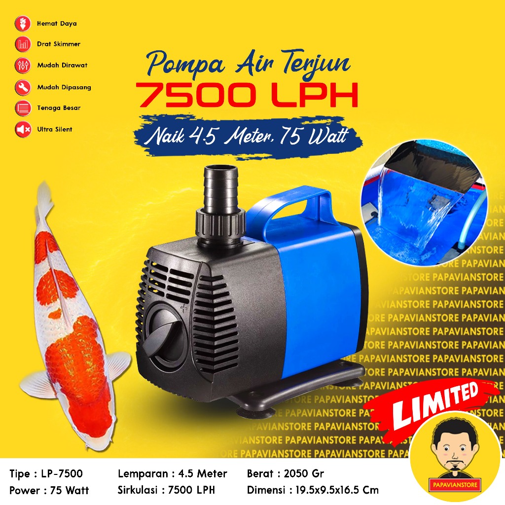 Pompa Kolam Ikan Koi Mesin Filter Air Celup 8500LPH Low 85 Watt 5 Meter