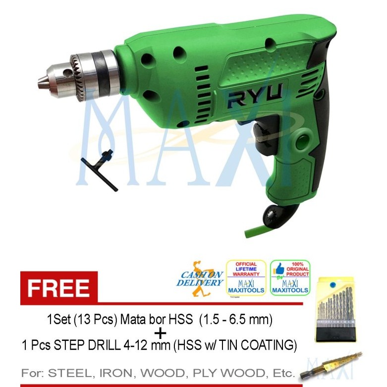 TEKIRO RYU Mesin Bor Tangan 10 mm (Promo Mata Bor + STEP DRILL 4-12)